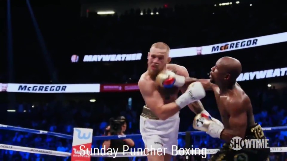  McGregor gets rocked after a right hand lands for Mayweather
