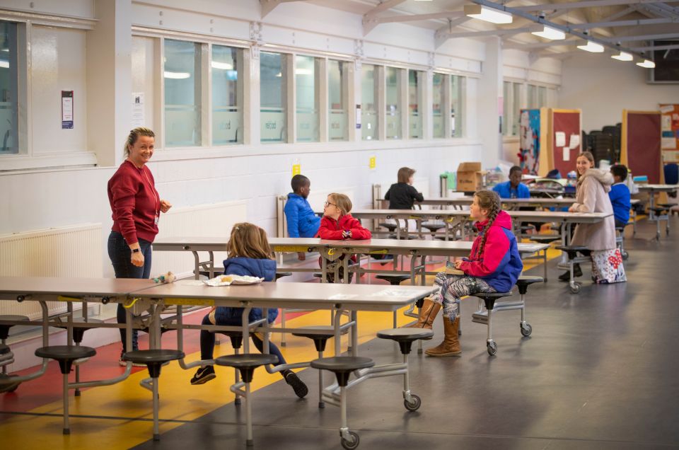  Children of Scottish key workers following social distancing rules at Drummond Community High School in Edinburgh