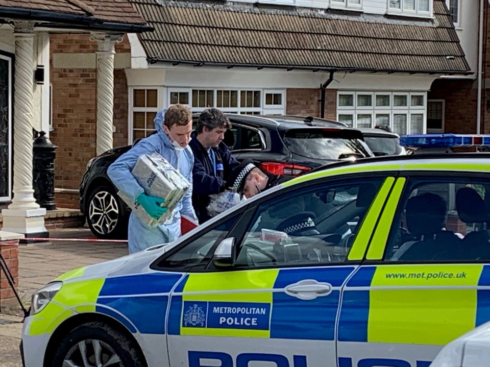  Forensics teams combed the house in Upminster, East London, for clues yesterday