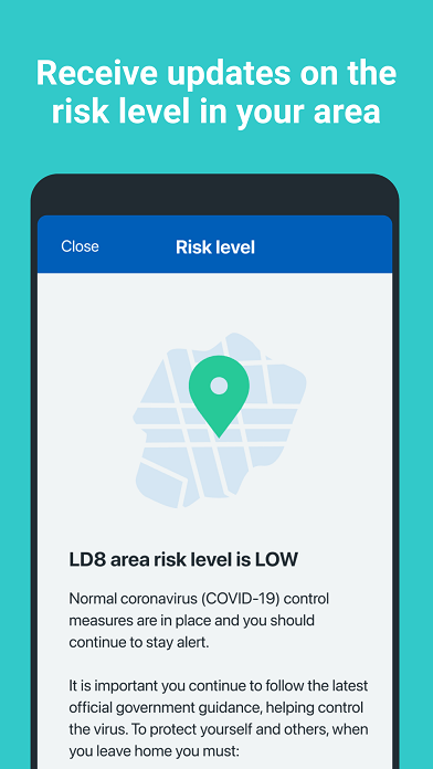 The app features alerts about the local level of Covid-19 in your area