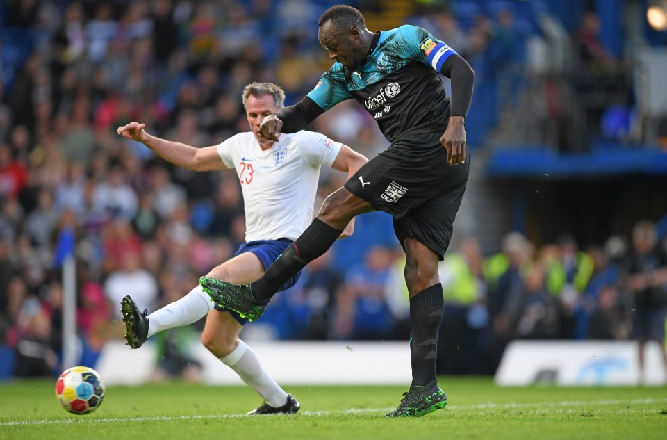 Olympic Gold medallist Usain Bolt scores the World XI's first goal at last year's Soccer Aid