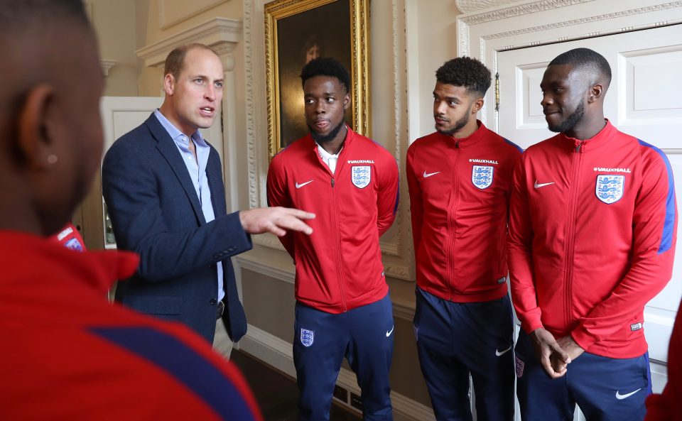  Prince William, Duke of Cambridge (L) President of the Football Association, speaks with Josh Onomah, Jake Clarke-Salter and Fikayo Tomori during a reception for the Under-20 England Football Team at Kensington Palace