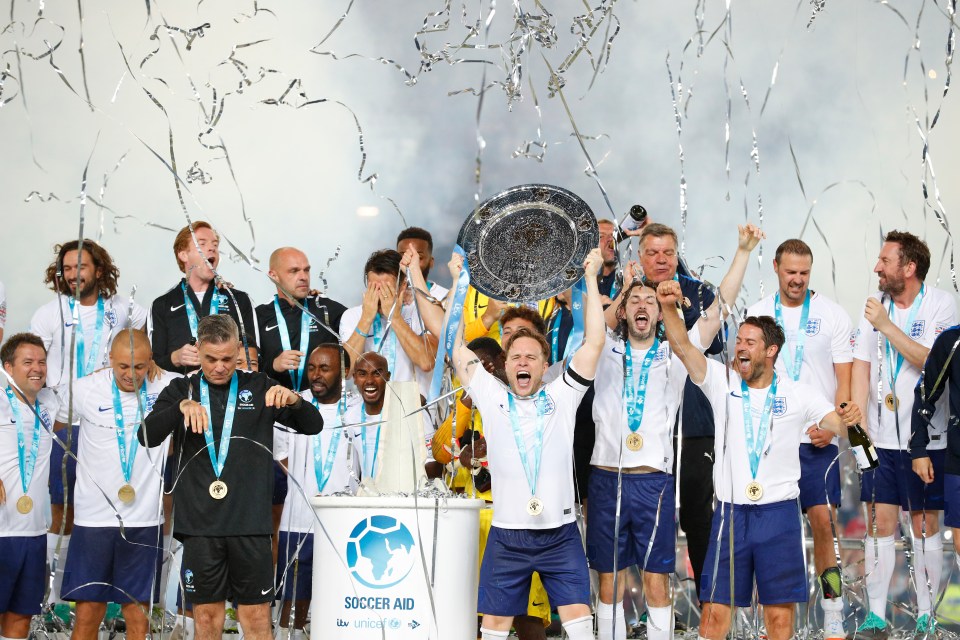 Soccer Aid for UNICEF was the brainchild of Robbie Williams and Jonathan Wilkes - Olly Murs lifts the trophy after beating the World XI FC in 2018
