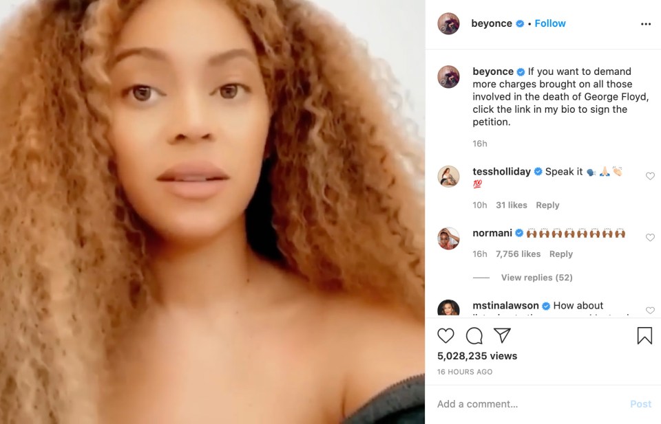  Beyonce called for change on her Instagram account after the death of unarmed George Floyd