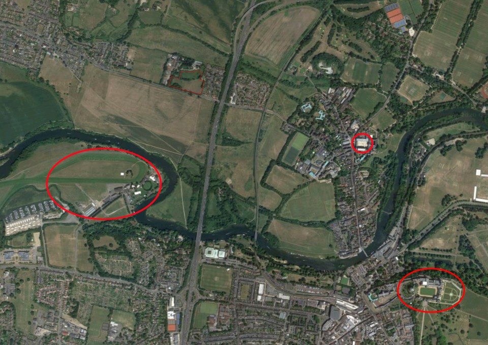 From left to right: Windsor Race Course, the plot of land, Eton College, Windsor Castle 