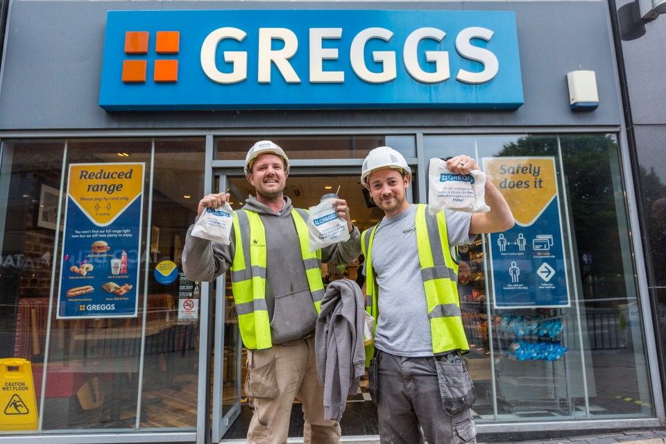 Two workman leave Greggs pleased with their breakfast in Leeds 