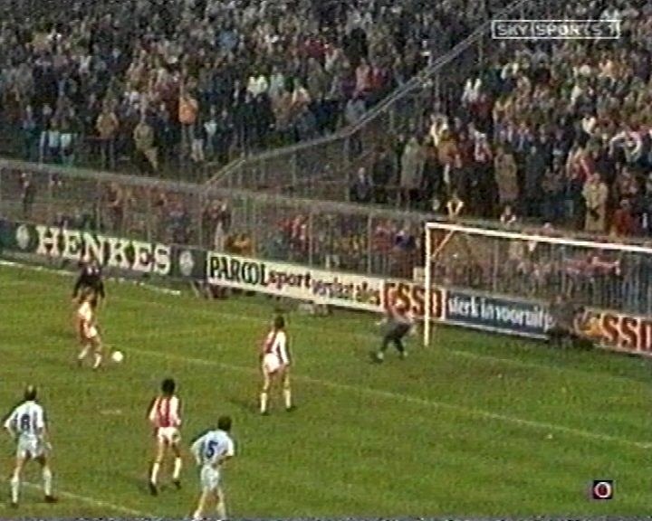 Johan Cruyff and Jesper Olsen of Ajax score with a penalty pass