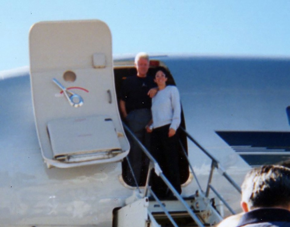 Ghislaine Maxwell standing with Bill Clinton in the door of Epstein's 'Lolita Express' jet. Clinton also attended the palace tour
