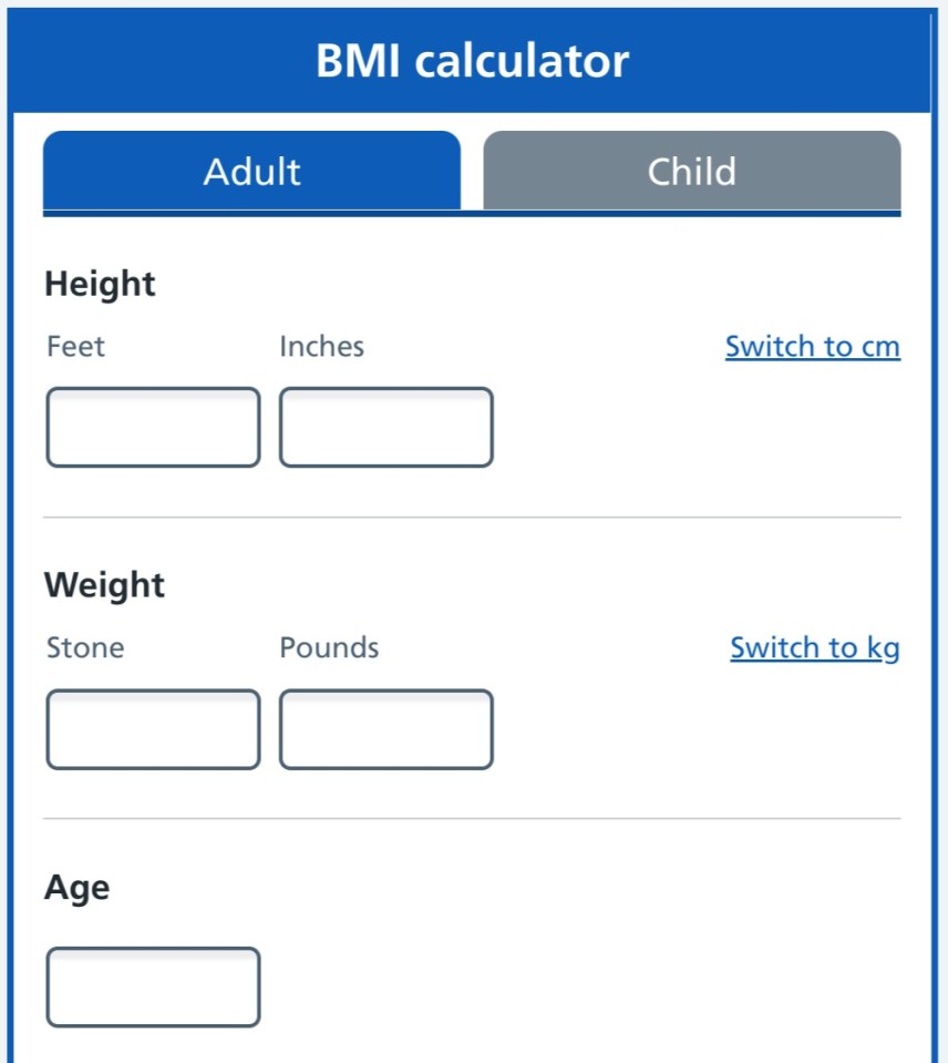The NHS BMI calculator asks for details such as your height and weight 