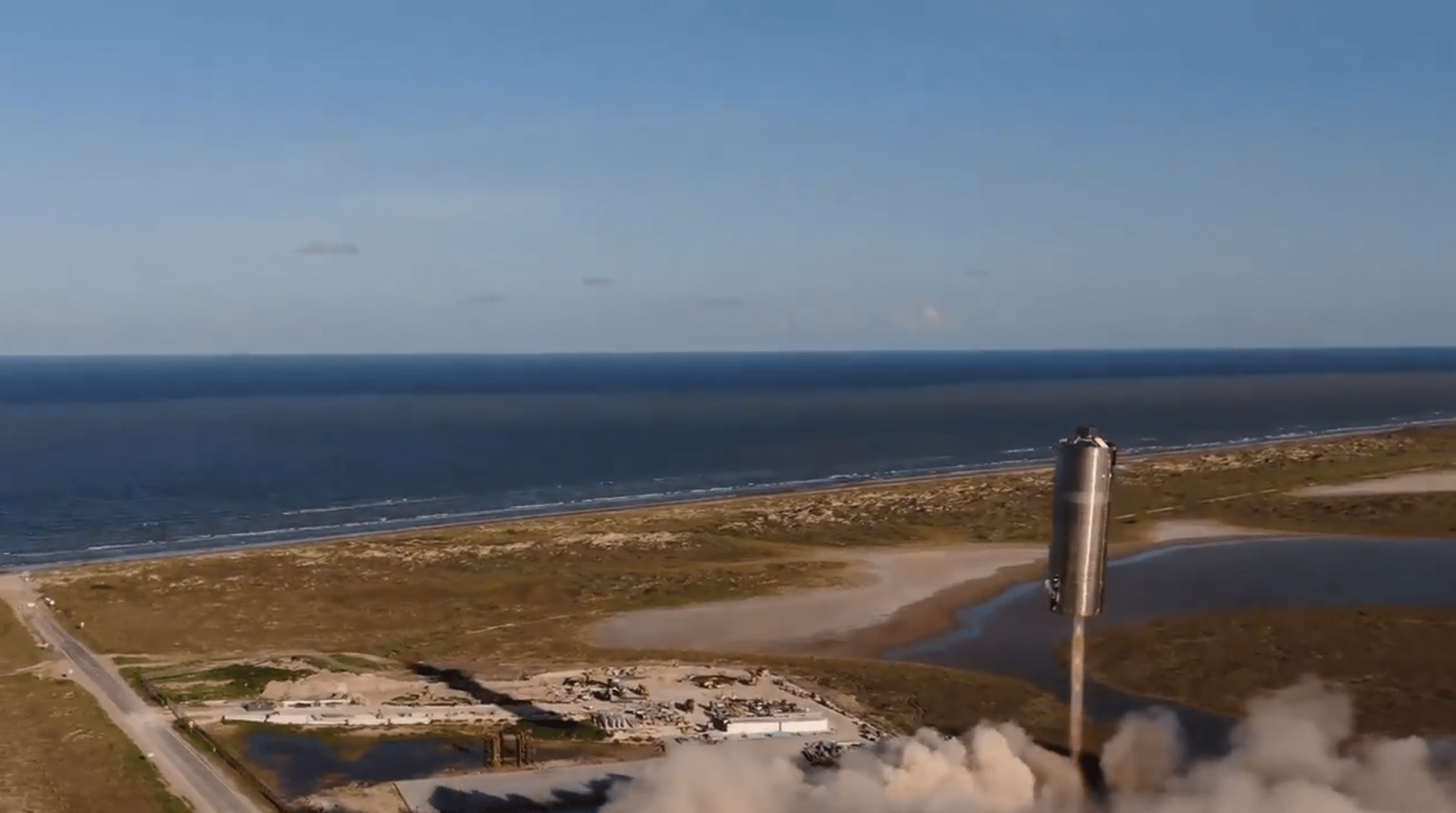 The prototype spacecraft flew under a single Raptor engine. The finished product will use three of the powerful contraptions