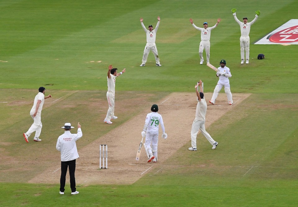 The Lancashire hero and his team-mates get the decision after Abid Ali was trapped in front eight short of his half-century