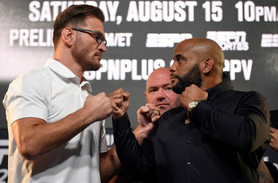 Dana White, centre, says Daniel Cormier, right, is lying about his retirement plans after fighting Stipe Miocic, left, at UFC 252