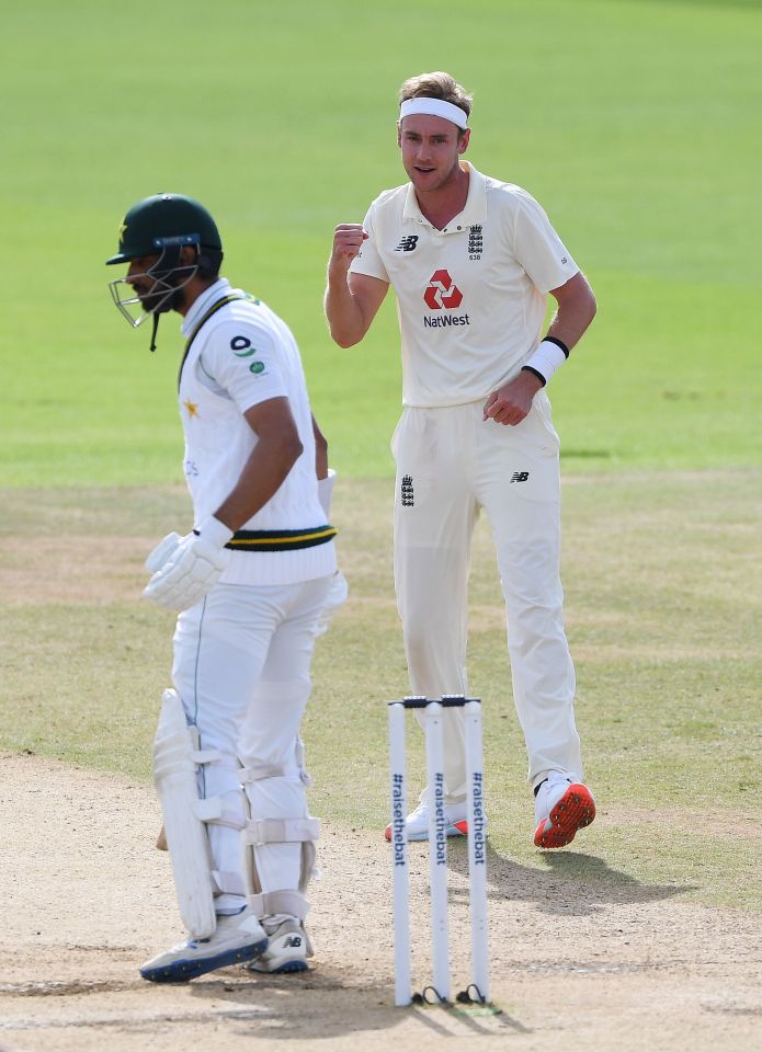 Broad celebrates claiming his wicket which reduced the visitors to 49-1