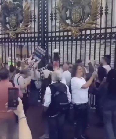  Protesters had signs and gathered outside Buckingham Palace on Saturday