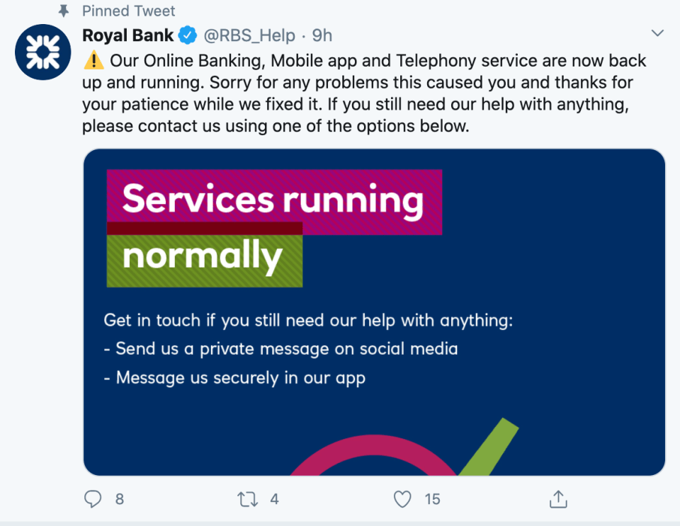 RBS said its online, app and telephone banking were back up and running last night