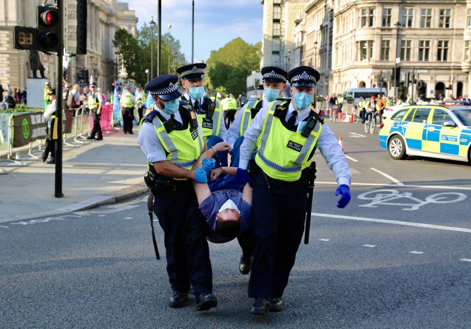 A protester is taken away from demonstrations in London this week