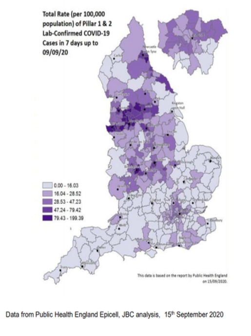 This map shows coronavirus cases per 100,000 in the seven days up to September 9, with the darker regions showing the highest number of cases