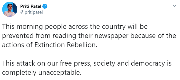 Priti Patel tweeted that the attack on free press was 'completely unacceptable'