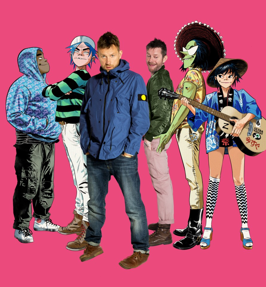 Damon, standing next to character 2-D, returns with virtual band Gorillaz 