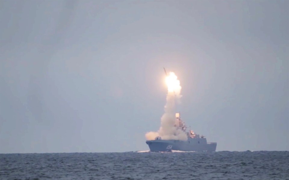 A Russian Zircon missile launches from the Admiral Groshkov frigate in the White Sea, north of Russia, on Tuesday