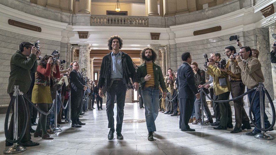 Sacha Baron Cohen as Abbie Hoffman, left, and Jeremy Strong playing Jerry Rubin 