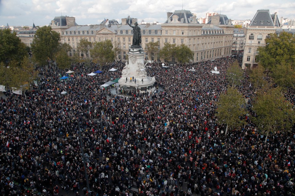 Thousands gathered on Paris' Place de la Republique in honour of Samuel Paty today