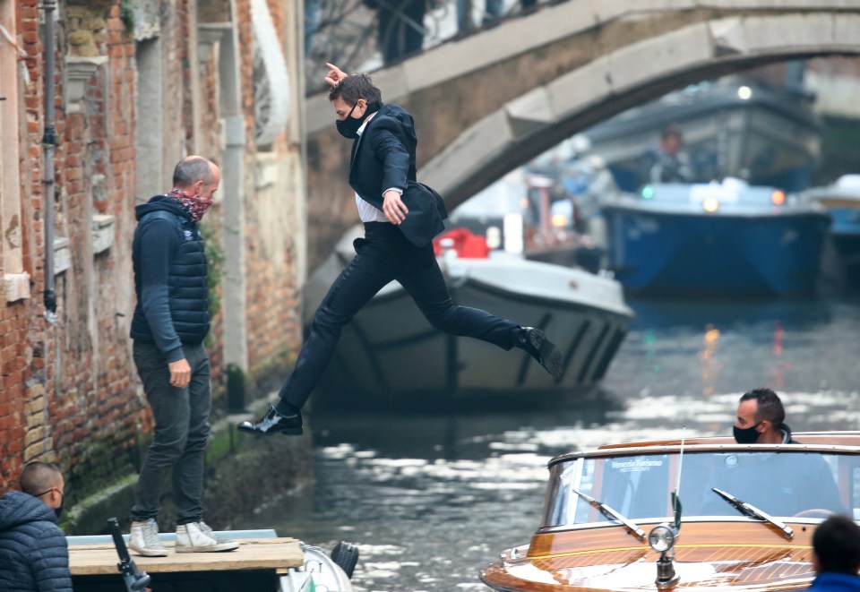 Tom Cruise was seen jumping from a boat cruiser onto a platform