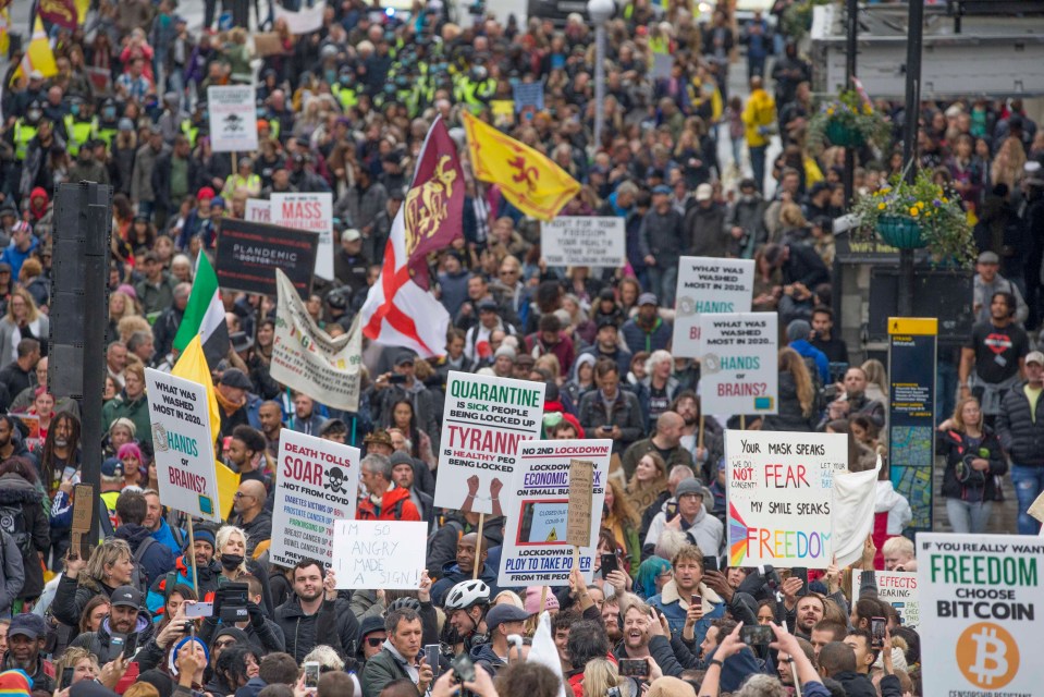Anti-mask and lockdown protestors gather in Trafalgar Square in London today