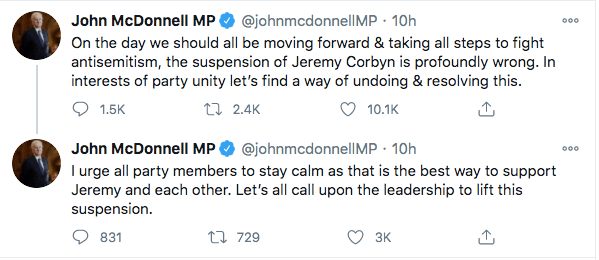 Mr McDonnell called for Sir Keir Starmer to lift the suspension