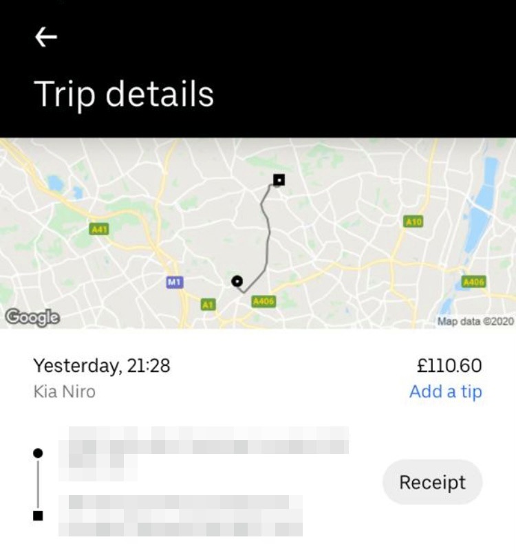 The trip receipt shows a huge charge of £100 was added on