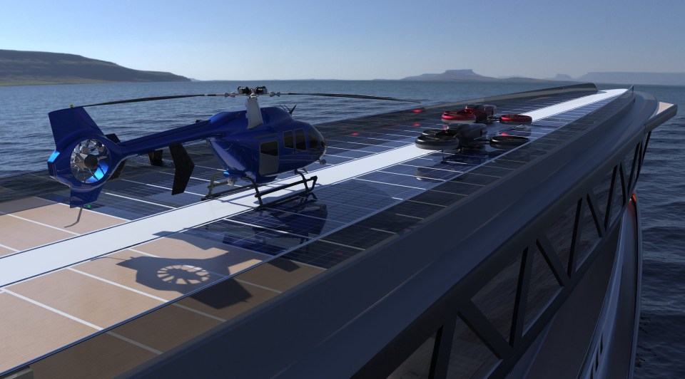It also has room for three helicopters and eight jet skis 