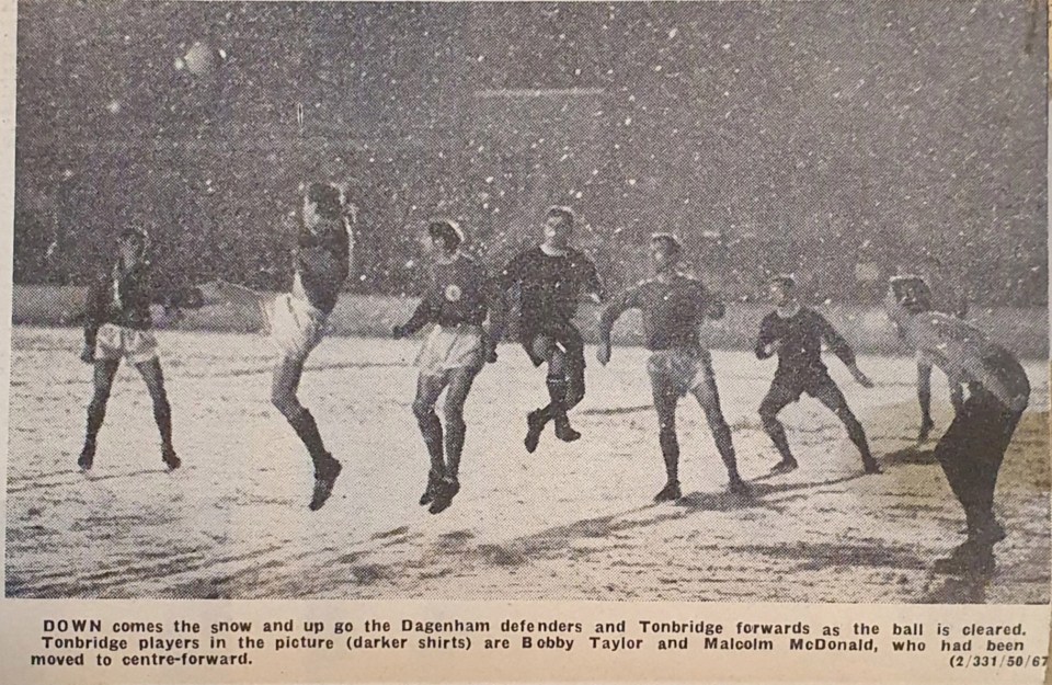 Another old local newspaper cutting shows Malcolm Macdonald (centre) in action against Dagenham in 1967 on a snowy pitch