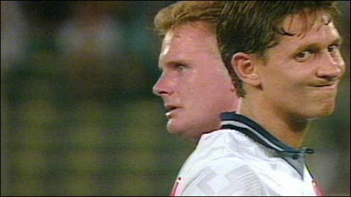 Gary Lineker with a tearful Paul Gascoigne after his cruel bookingin the same game