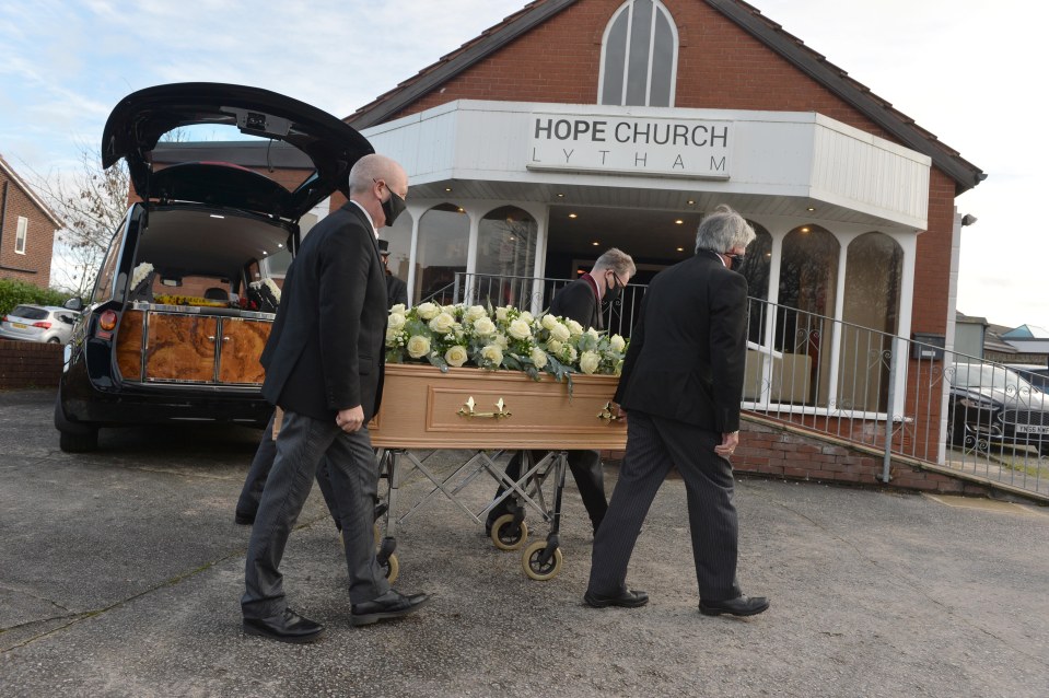 Bobby's coffin is taken into the church in Lytham, Lancs