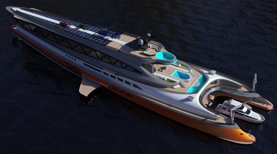 The 501ft long 'Prodigium' has two extendable terraces which fold out from the side of the boat like fins