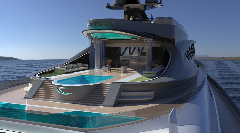 The yacht has pools on three different levels and on the top deck, the lounge area is surrounded by marble columns