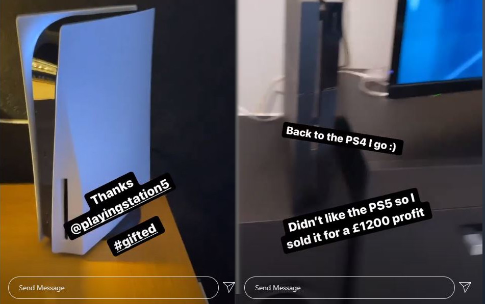 In posts on Instagram, Made in Chelsea star James Taylor claimed he'd sold his PS5 (right) less than 24 hours after he was gifted it by Sony (left)