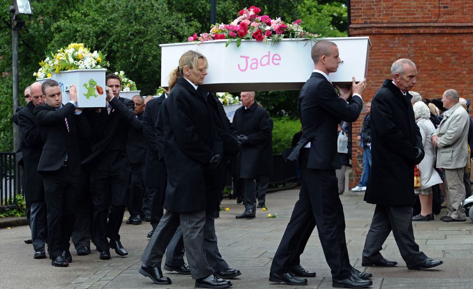 Six white coffins were carried by friends and family members at the heartbreaking funeral