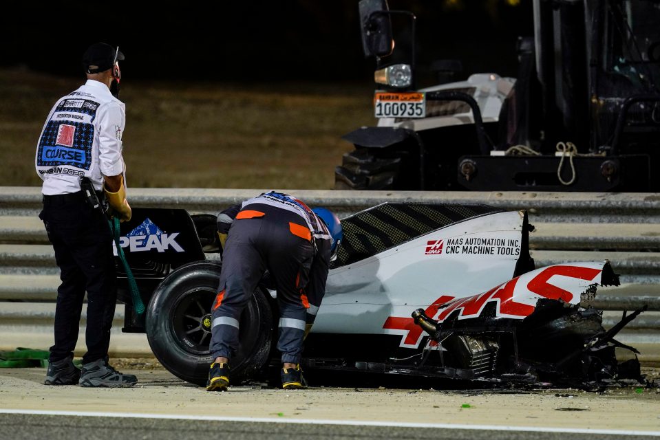 Grosjean's car was ripped into two pieces after careering through the guardrails