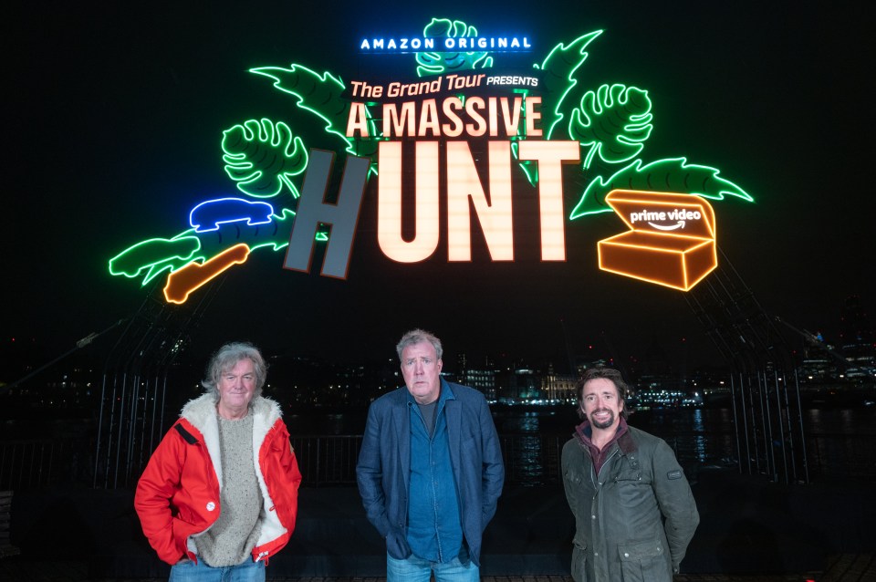 Clarkson, Hammond and May met on London’s Southbank to switch on Christmas lights that spelled out the rude-sounding title of the Amazon Prime Video show