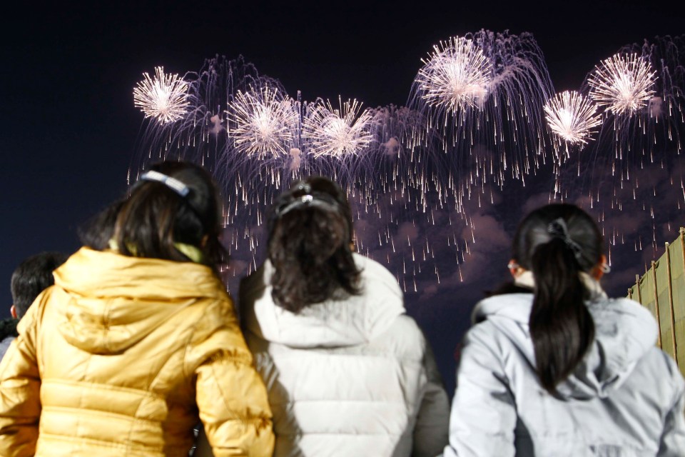 Crowds of people watched the fireworks in North Korea