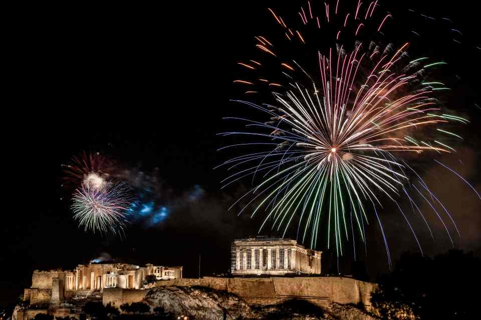 Fireworks over the ancient Acropolis in Athens