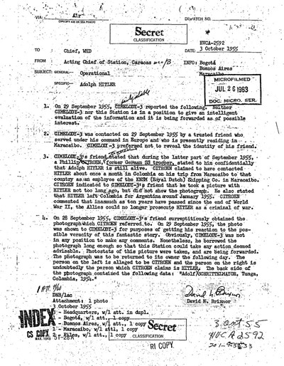 Declassified documents reveal claims Hitler was alive and well in 1955