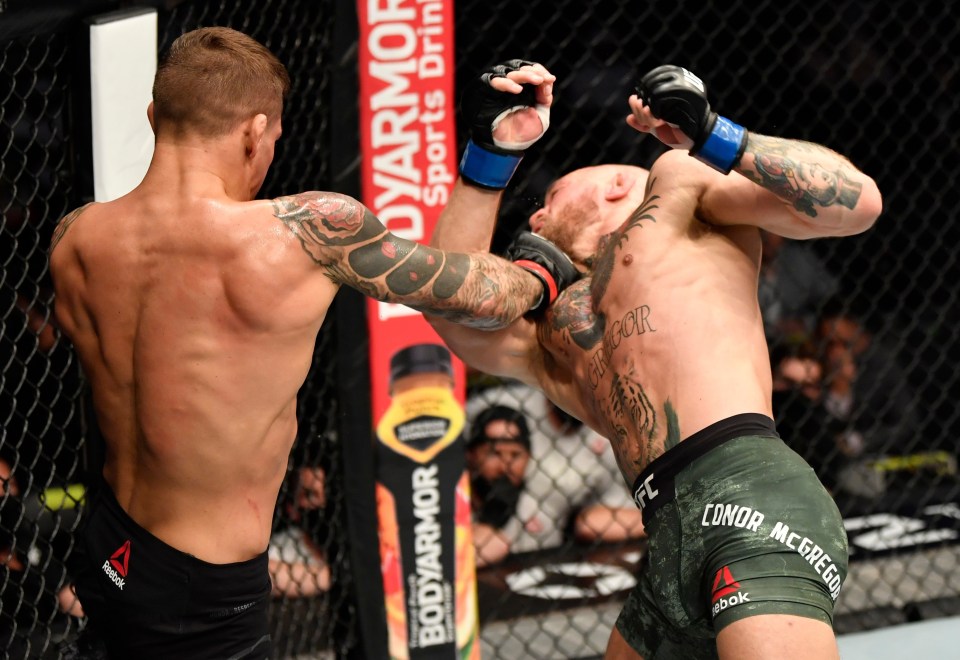 Poirier landing a right hand that rocked McGregor