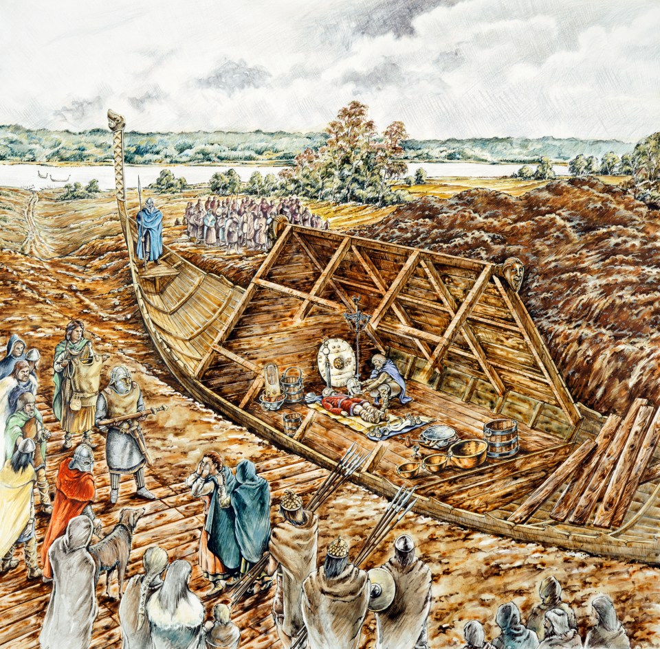 Reconstruction drawing of the Sutton Hoo ship burial in 620 or 630