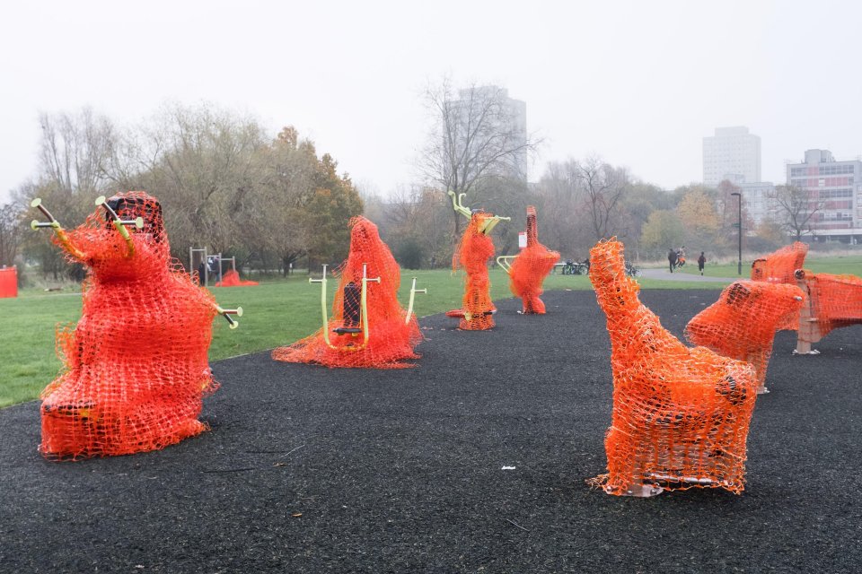 Outdoor gym equipment in Lordship Recreation Ground, north London, was wrapped up to prevent its use during the second lockdown