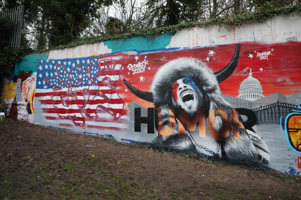 Graffiti artist in Tunbridge Wells, Kent, creates a mural featuring the 'QAnon Shaman' 