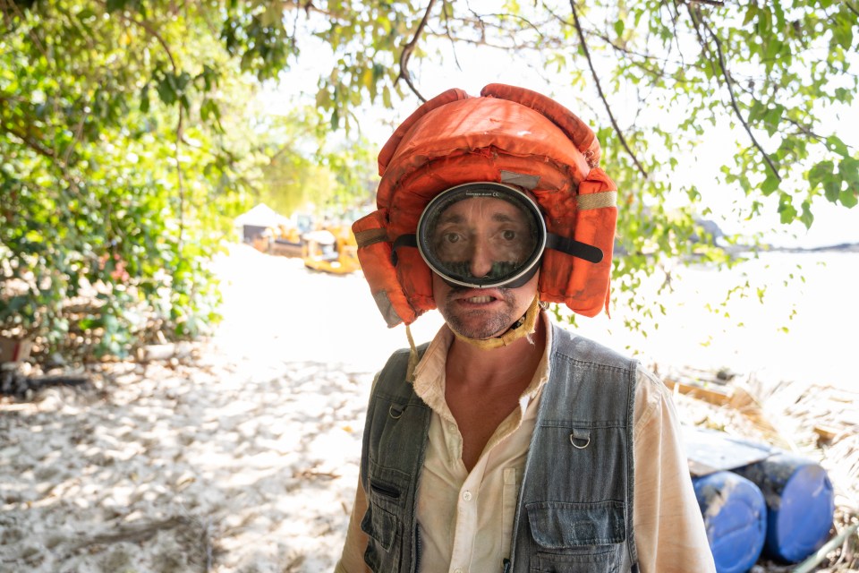 At one point Richard races in a self-built sand buggy, poking fun at his accident-prone reputation by shaping a makeshift helmet out of life jackets
