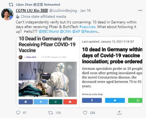 China's foreign ministry spokesman Lijian Zhao retweeted posts linking the Pfzier vaccine to deaths
