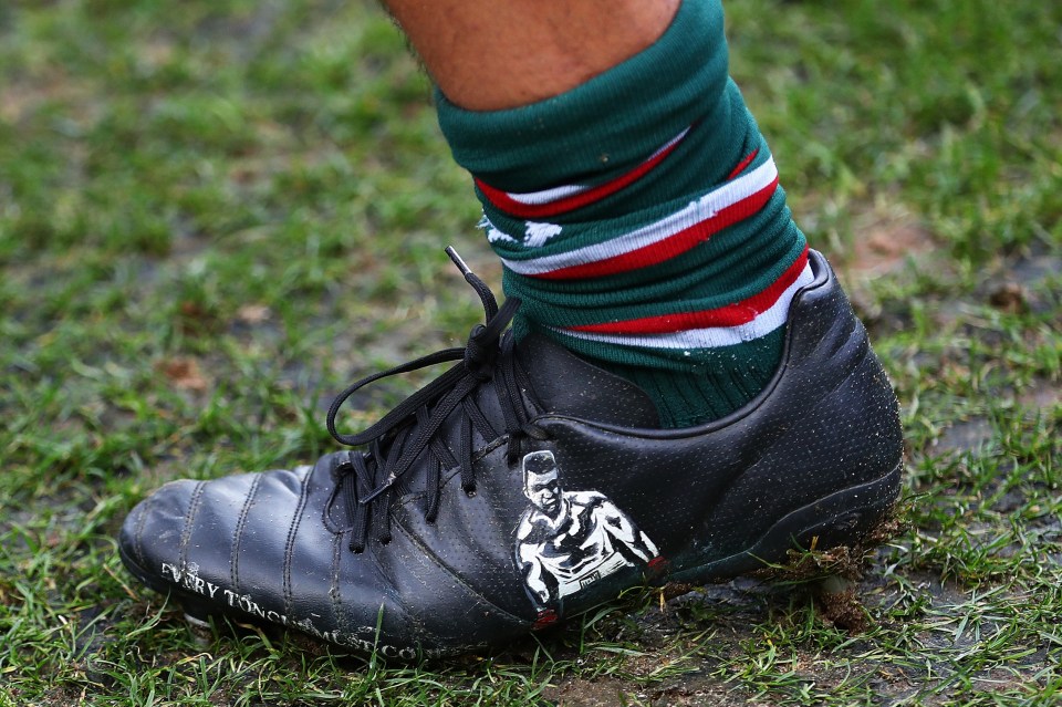 The Leicester Tigers and England prop wears his boxing-design studs for matches